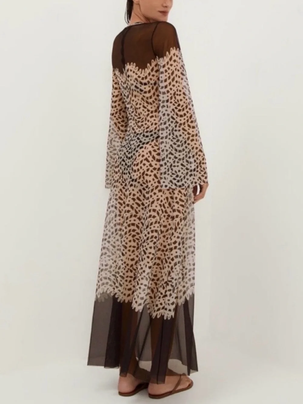 Leopard Print Sheer Maxi Dress in Brown and Cream